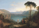 Lake Avernus by Turner: a deep blue lake among hills, a tall umbrella pine, robed figures by a ruin in the foreground