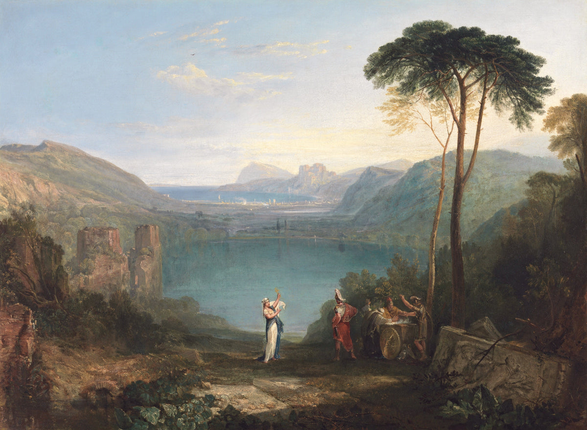Lake Avernus by Turner: a deep blue lake among hills, a tall umbrella pine, robed figures by a ruin in the foreground