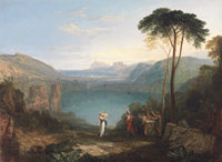 Lake Avernus by Turner: a deep blue lake among hills, a tall umbrella pine, robed figures by a ruin in the foreground