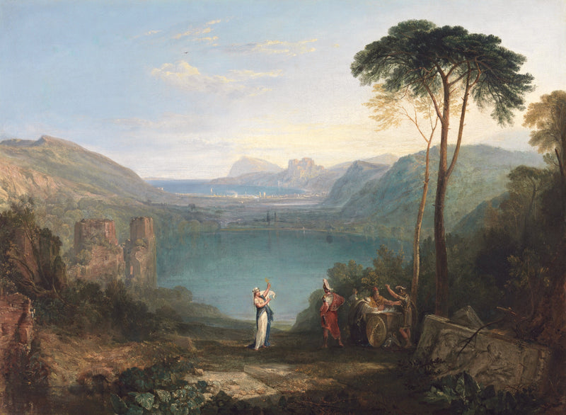Lake Avernus by Turner: a deep blue lake among hills, a tall umbrella pine, robed figures by a ruin in the foreground