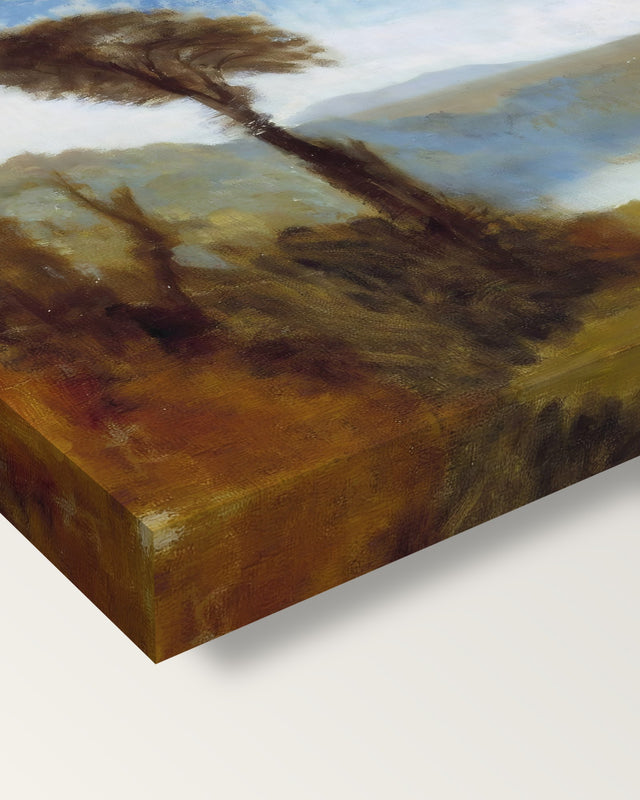 Lake Nemi by J. M. W. Turner on stretched canvas, corner close-up: the painting mirror-wrapped round the sides