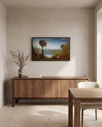 Lake Nemi by J. M. W. Turner in a black frame above a walnut sideboard in a dining room
