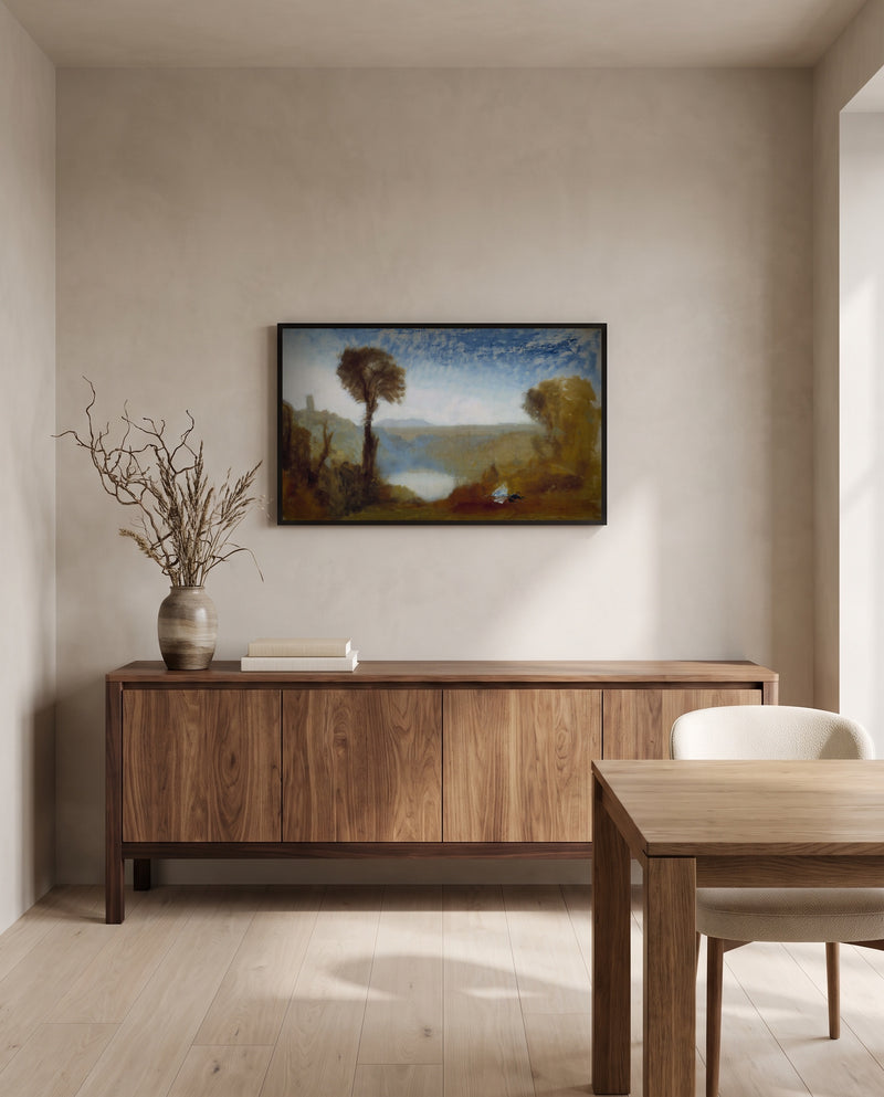 Lake Nemi by J. M. W. Turner in a black frame above a walnut sideboard in a dining room