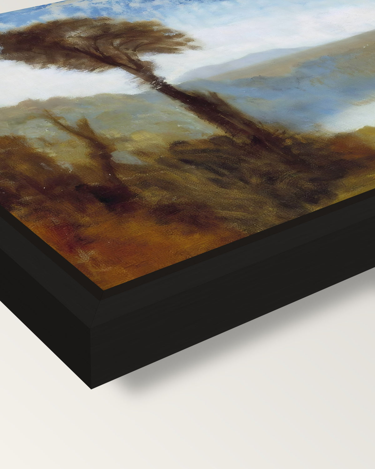 Lake Nemi by J. M. W. Turner framed canvas, corner close-up: a black floating frame with a shadow gap round the canvas