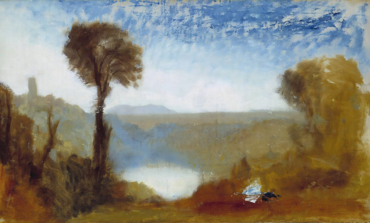 Lake Nemi by J. M. W. Turner: a tall dark tree against a bright blue sky above a pale round lake in green hills