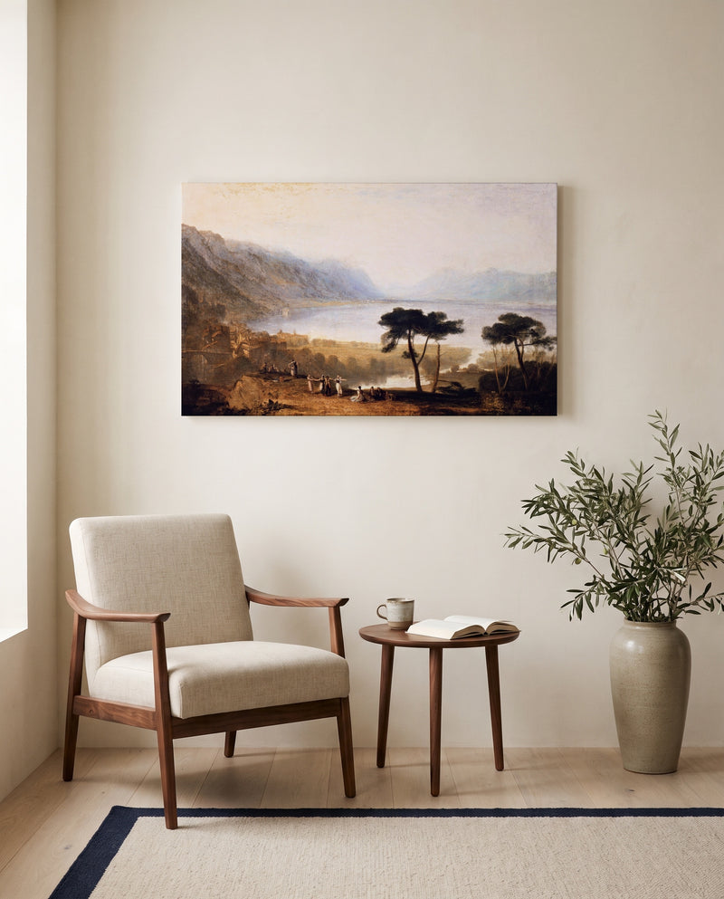 Lake of Geneva by J. M. W. Turner as a stretched canvas above a linen lounge chair in a reading corner