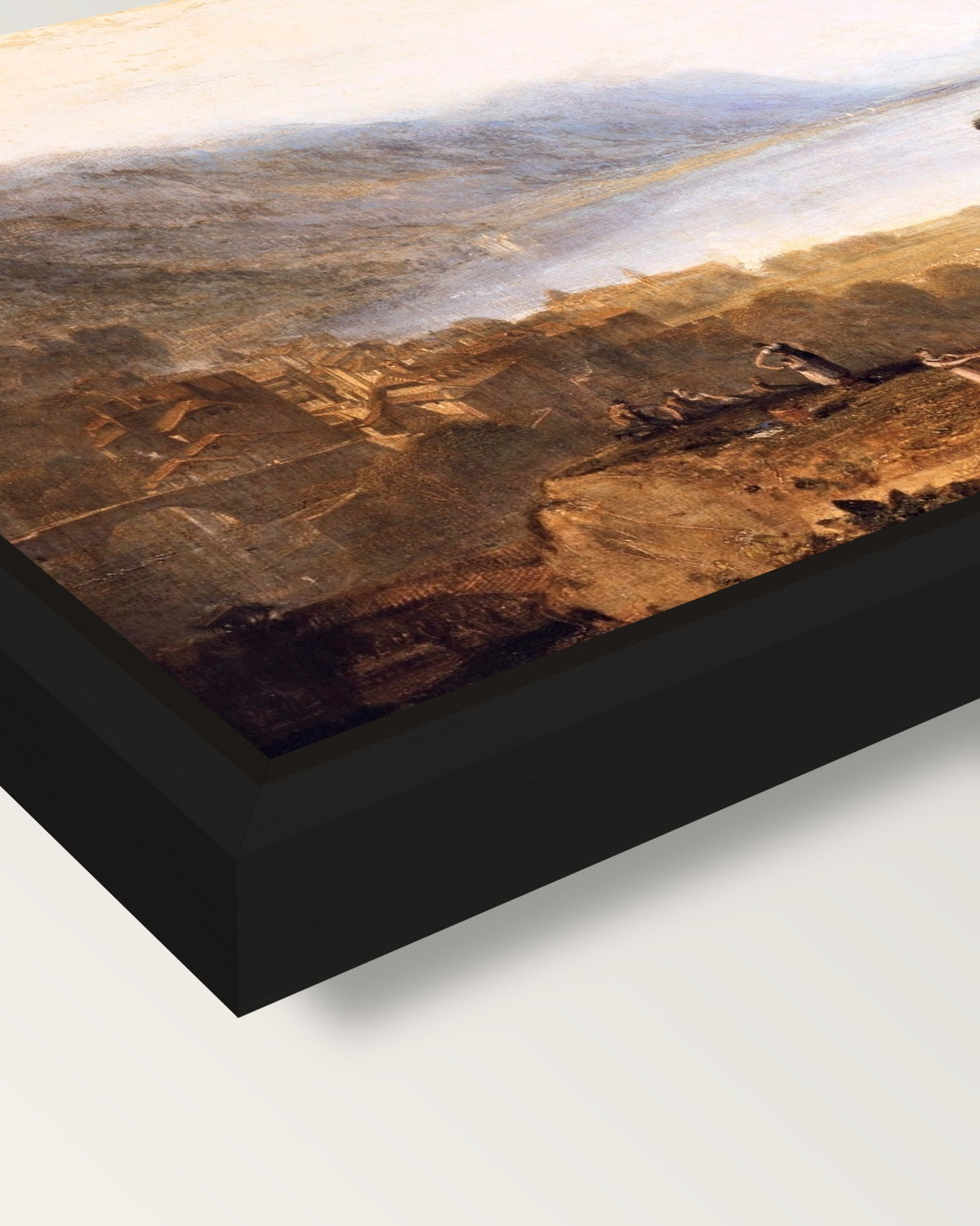 Lake of Geneva by J. M. W. Turner framed canvas, corner close-up: a black floating frame with a shadow gap round the canvas