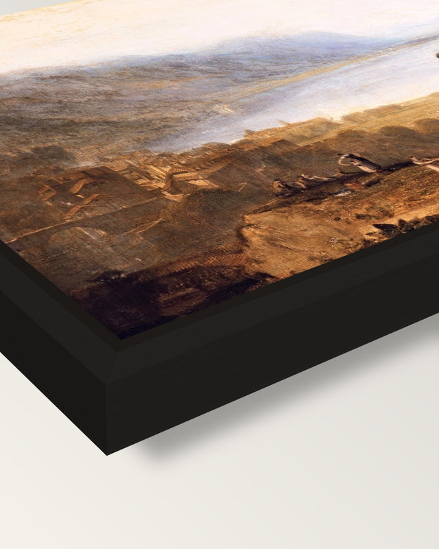 Lake of Geneva by J. M. W. Turner framed canvas, corner close-up: a black floating frame with a shadow gap round the canvas