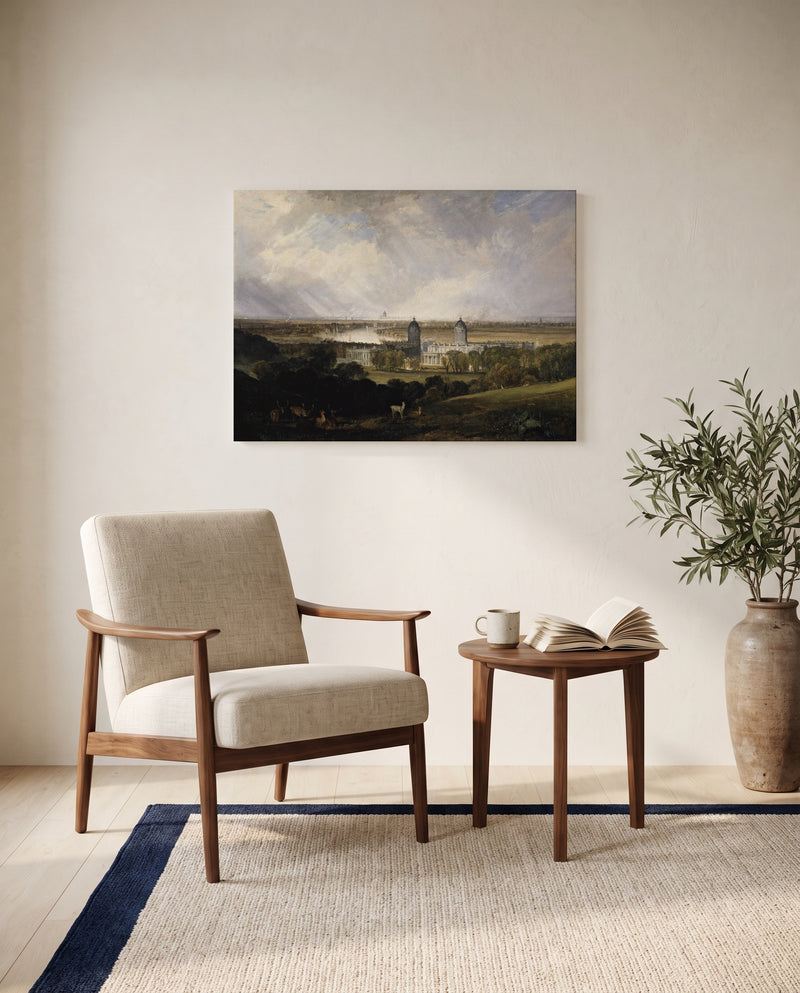 London from Greenwich Park by J. M. W. Turner as a stretched canvas above a linen lounge chair in a reading corner