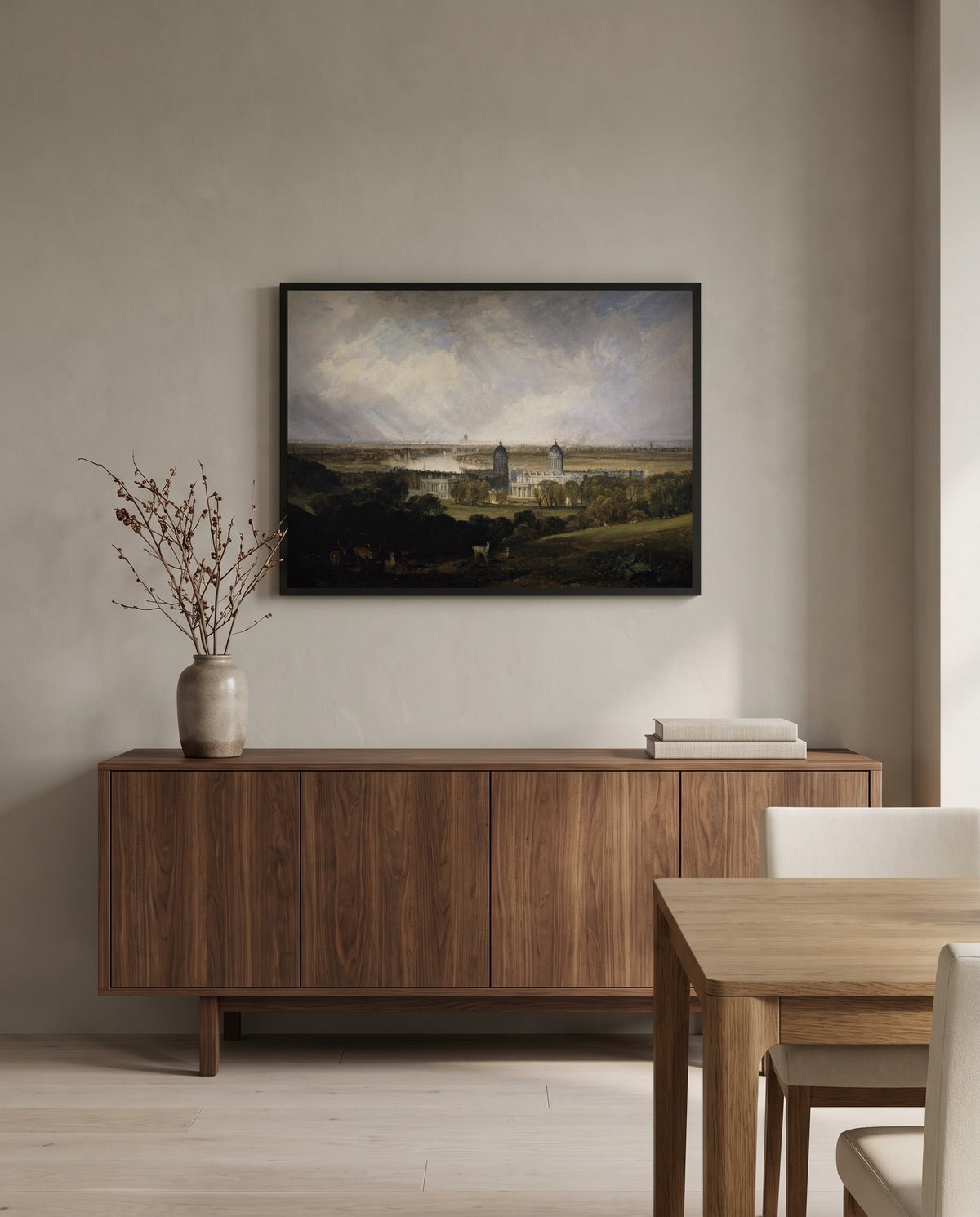London from Greenwich Park by J. M. W. Turner in a black frame above a walnut sideboard in a dining room