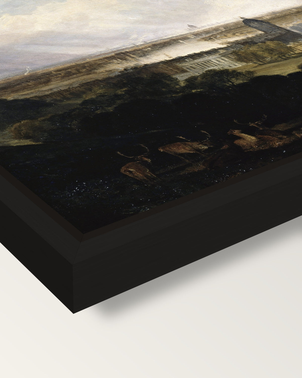 London from Greenwich Park framed canvas, corner close-up: a black floating frame with a shadow gap round the canvas