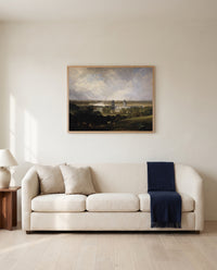 London from Greenwich Park by J. M. W. Turner framed in natural oak above a cream sofa in a warm living room