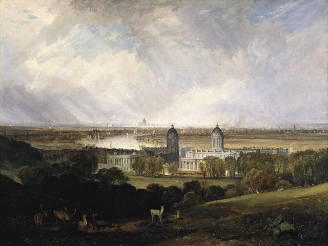London from Greenwich Park by Turner: deer in a shaded park, white domed buildings below and London in the haze beyond