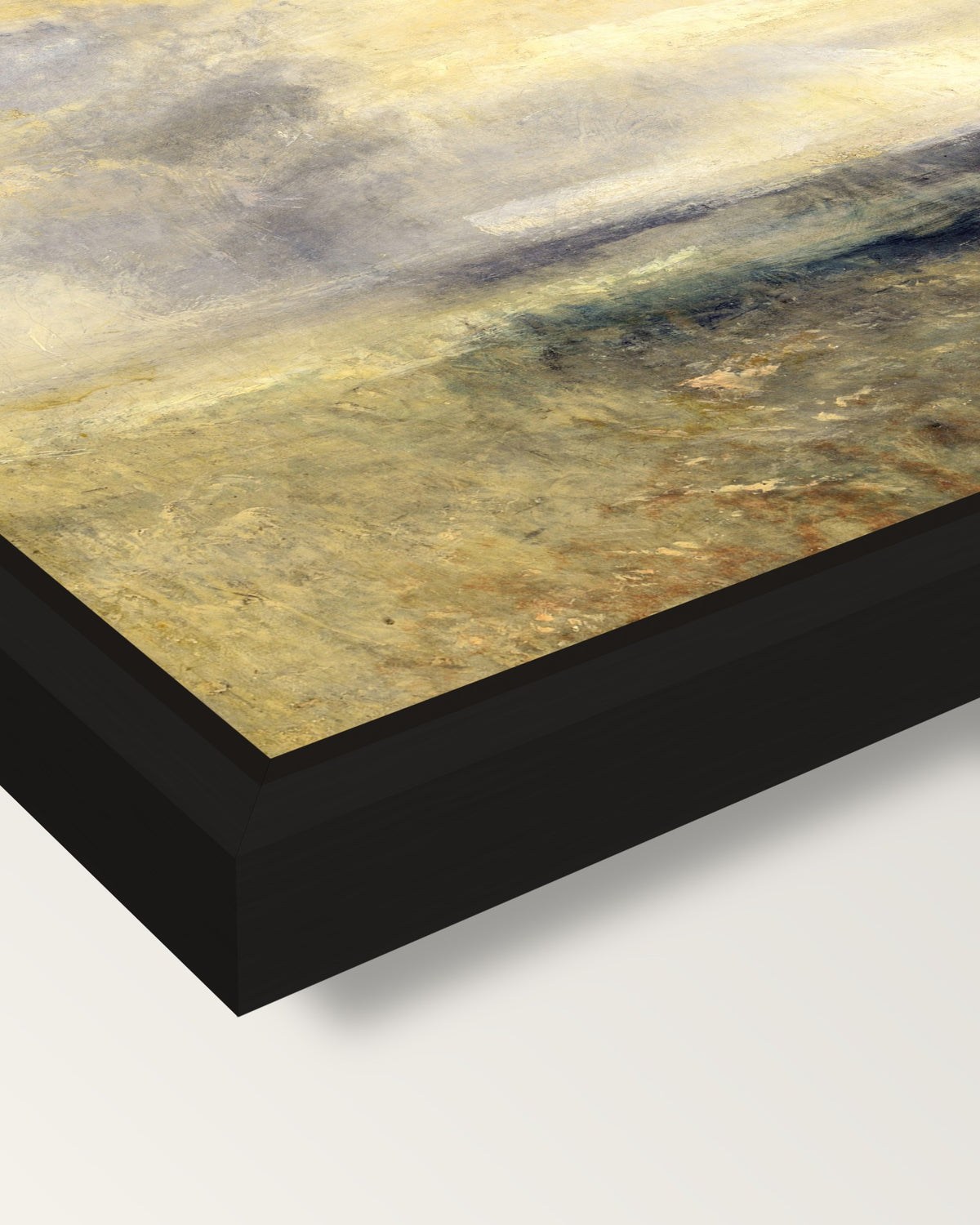 Margate, from the Sea by Turner framed canvas, corner close-up: a black floating frame with a shadow gap round the canvas