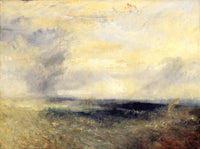 Margate from the Sea by Turner: a stormy sea in thick paint, pale gold clouds and a strip of white cliffs on the horizon