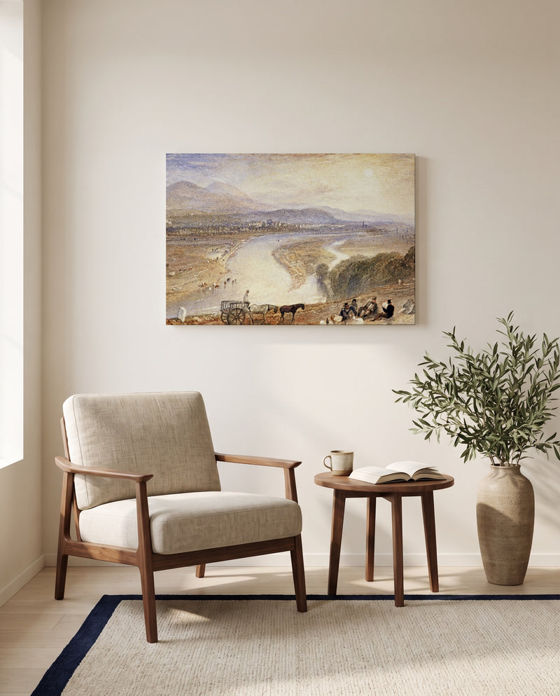 Melrose by J. M. W. Turner as a stretched canvas above a linen lounge chair in a reading corner