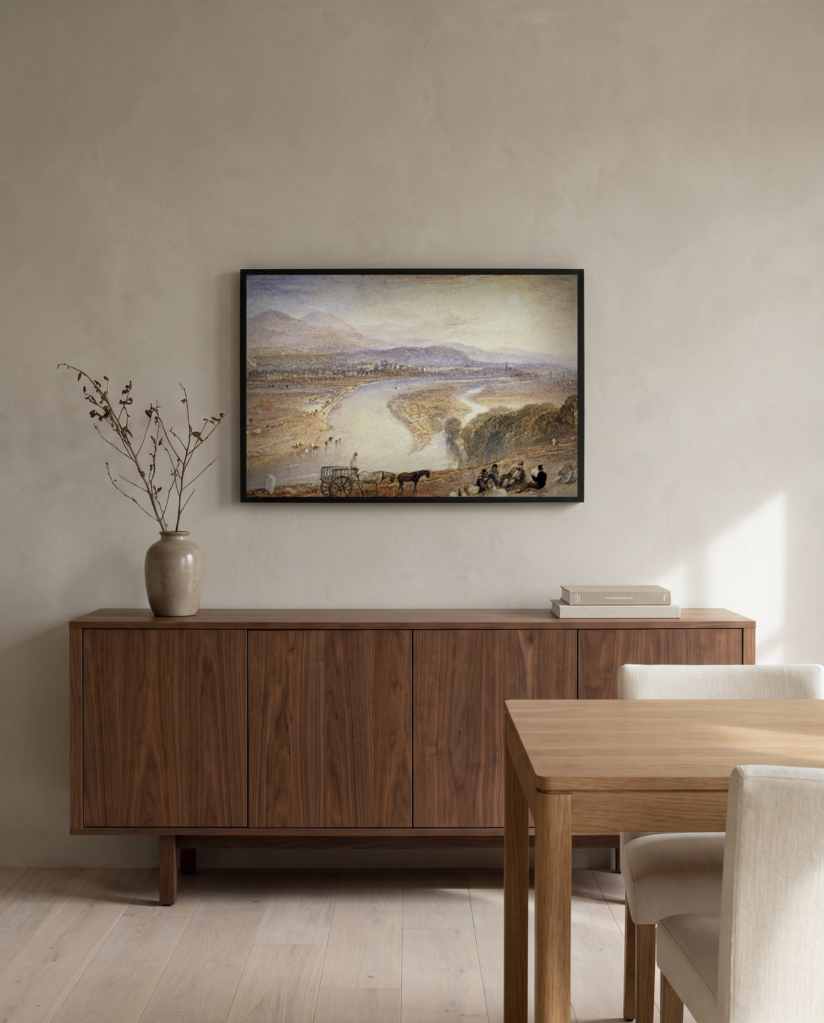 Melrose by J. M. W. Turner in a black frame above a walnut sideboard in a dining room