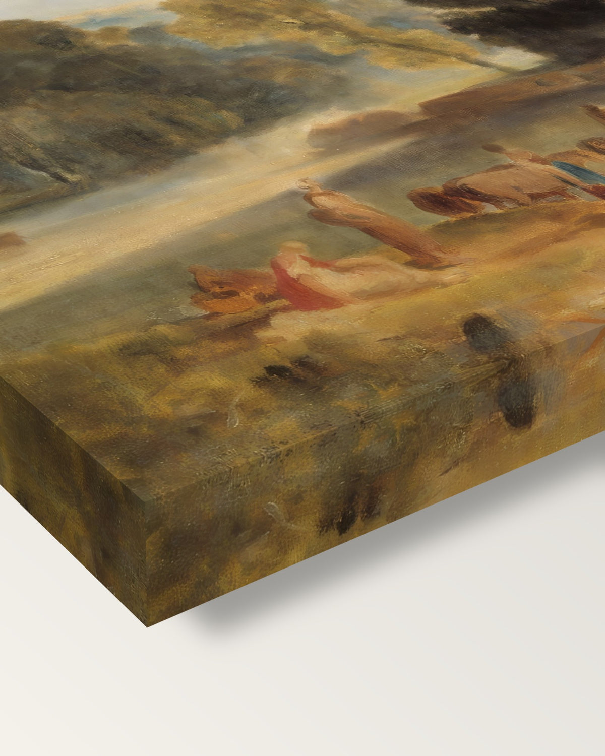 Horses Crossing a River by J. M. W. Turner on stretched canvas, corner close-up: the painting mirror-wrapped round the sides
