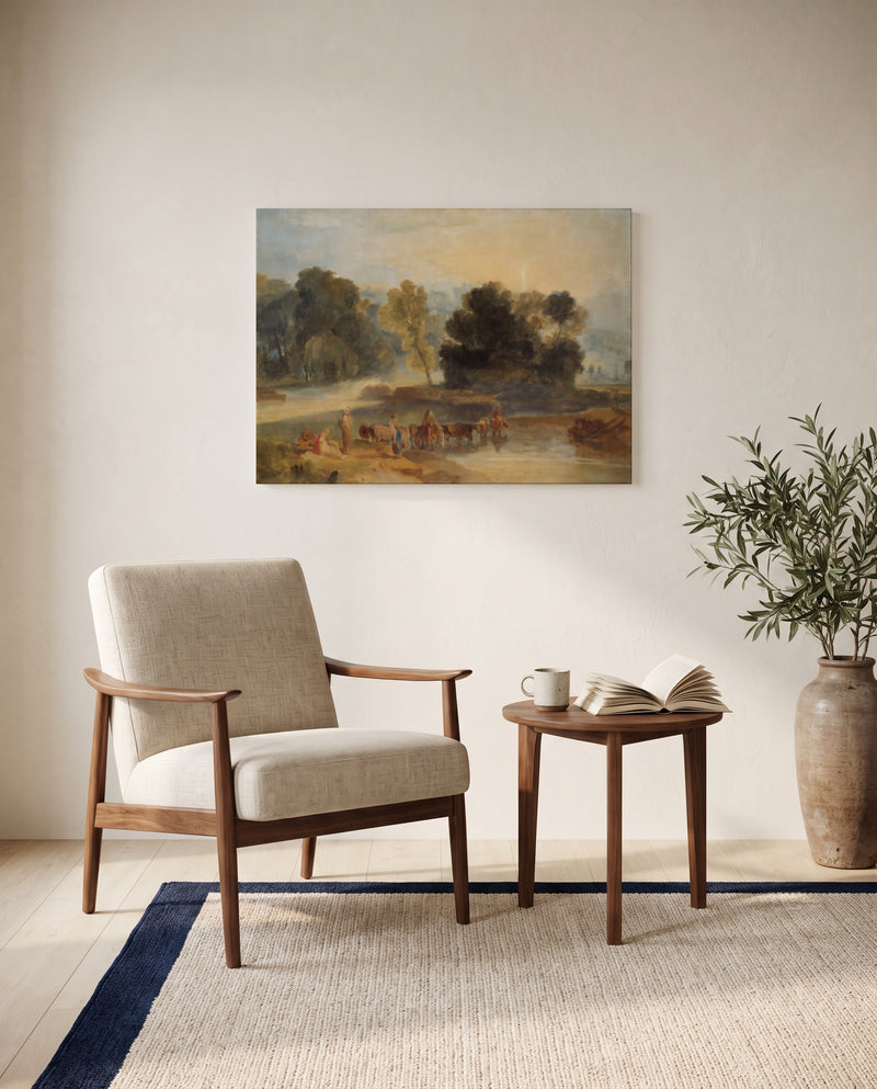 Horses Crossing a River by J. M. W. Turner as a stretched canvas above a linen lounge chair in a reading corner