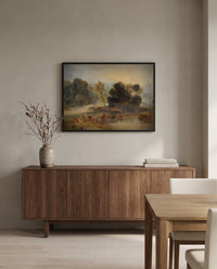 Horses Crossing a River by J. M. W. Turner in a black frame above a walnut sideboard in a dining room