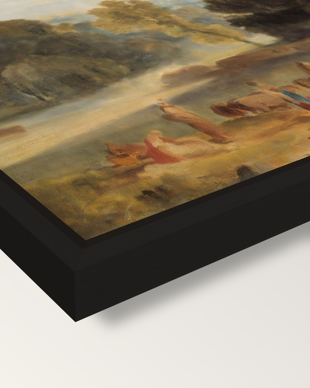 Horses Crossing a River by Turner framed canvas, corner close-up: a black floating frame with a shadow gap round the canvas