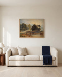 Horses Crossing a River by J. M. W. Turner framed in natural oak above a cream sofa in a warm living room