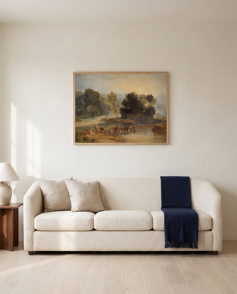 Horses Crossing a River by J. M. W. Turner framed in natural oak above a cream sofa in a warm living room