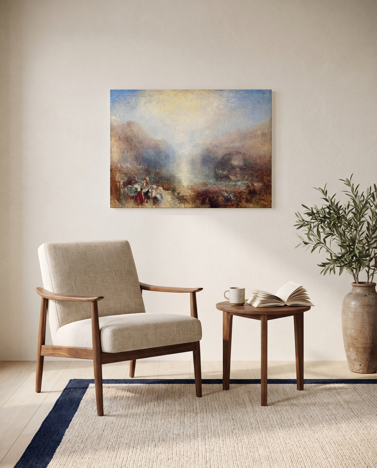 Mercury and Aeneas by J. M. W. Turner as a stretched canvas above a linen lounge chair in a reading corner