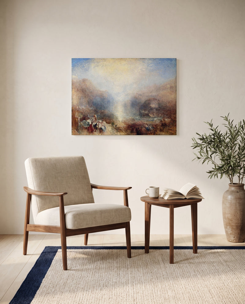 Mercury and Aeneas by J. M. W. Turner as a stretched canvas above a linen lounge chair in a reading corner