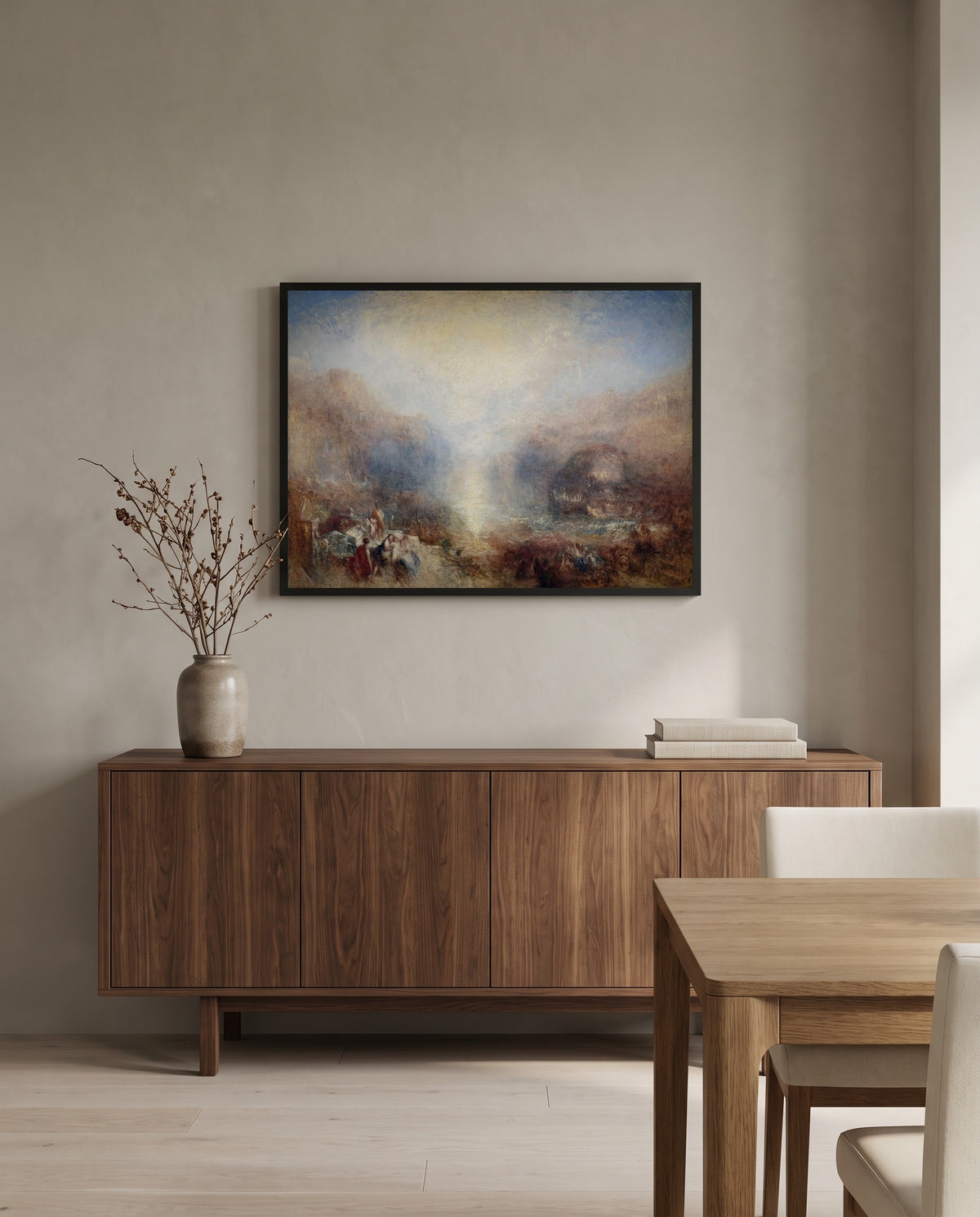 Mercury and Aeneas by J. M. W. Turner in a black frame above a walnut sideboard in a dining room