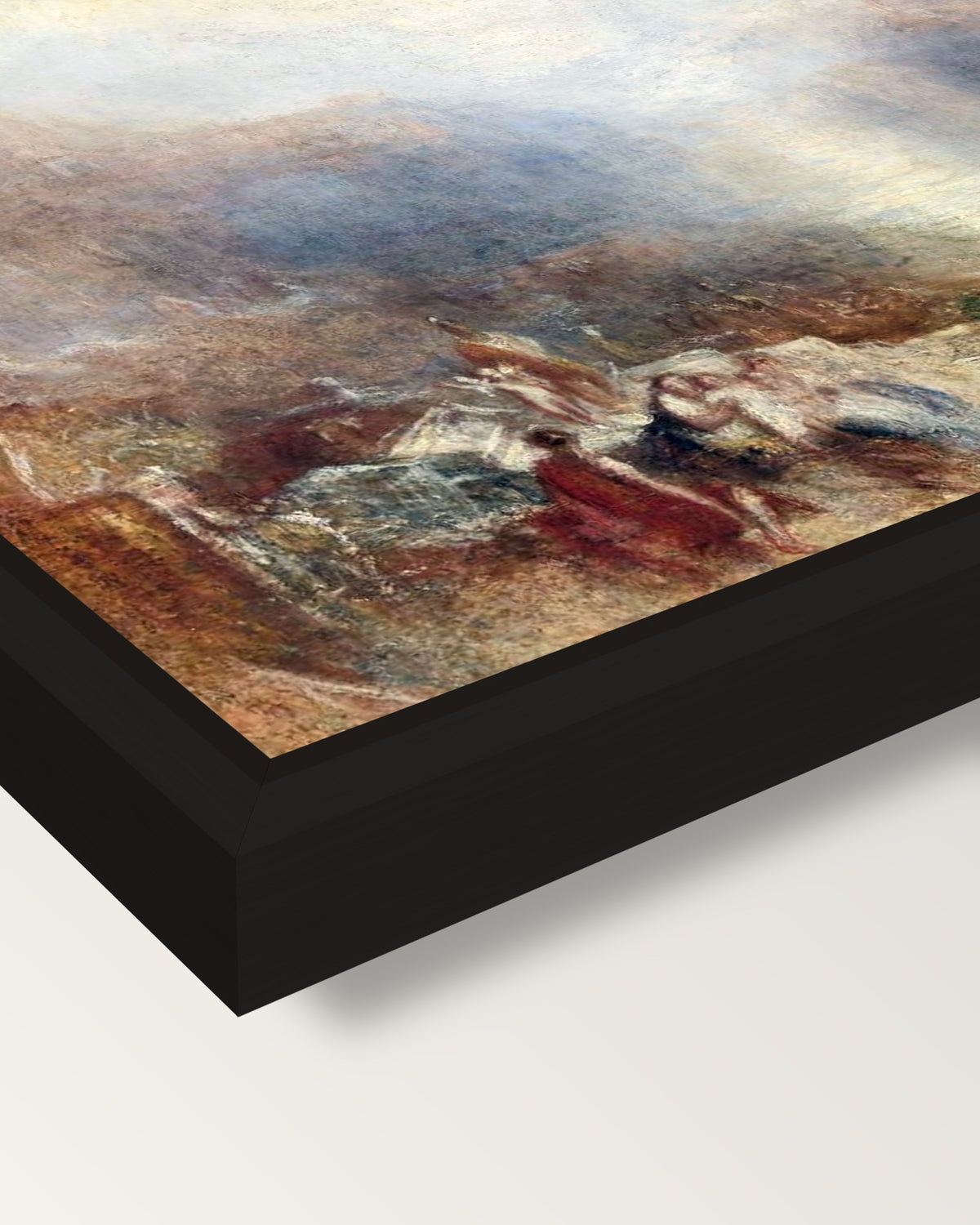 Mercury and Aeneas by Turner framed canvas, corner close-up: a black floating frame with a shadow gap round the canvas