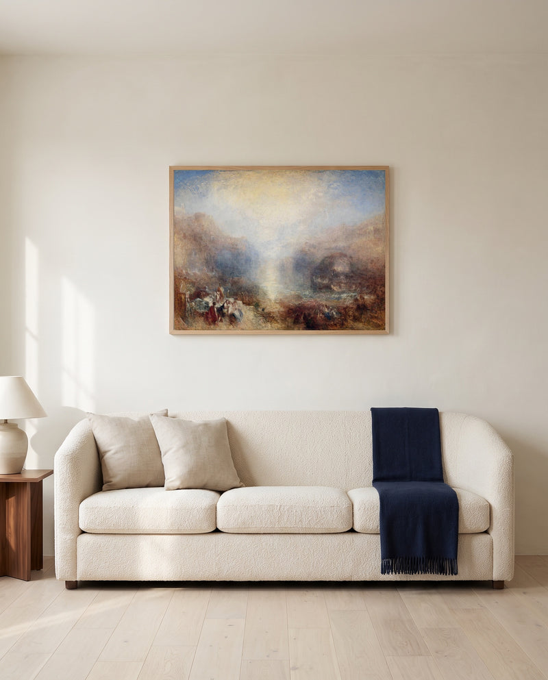 Mercury and Aeneas by J. M. W. Turner framed in natural oak above a cream sofa in a warm living room