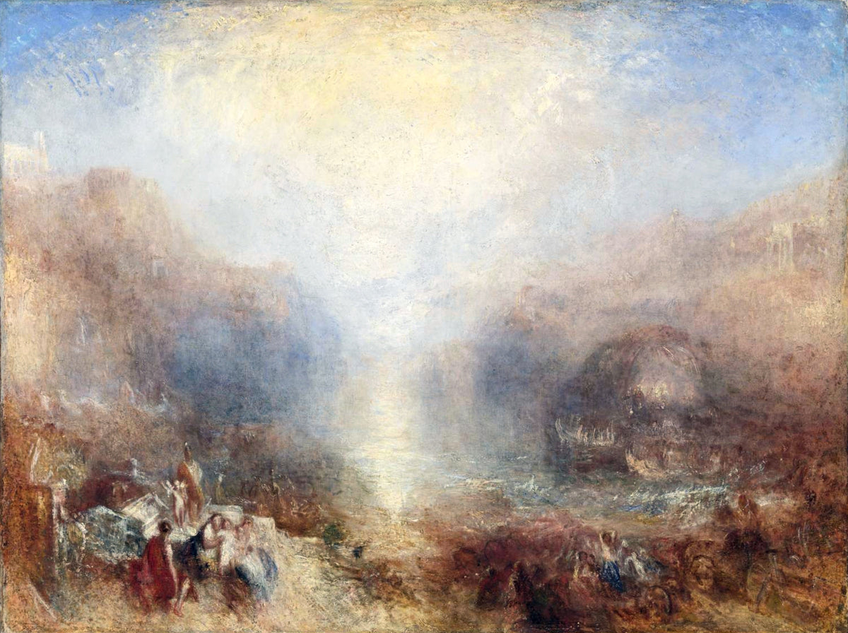 Mercury Sent to Admonish Aeneas by Turner: figures in a misty golden harbour with a shaft of light between the cliffs