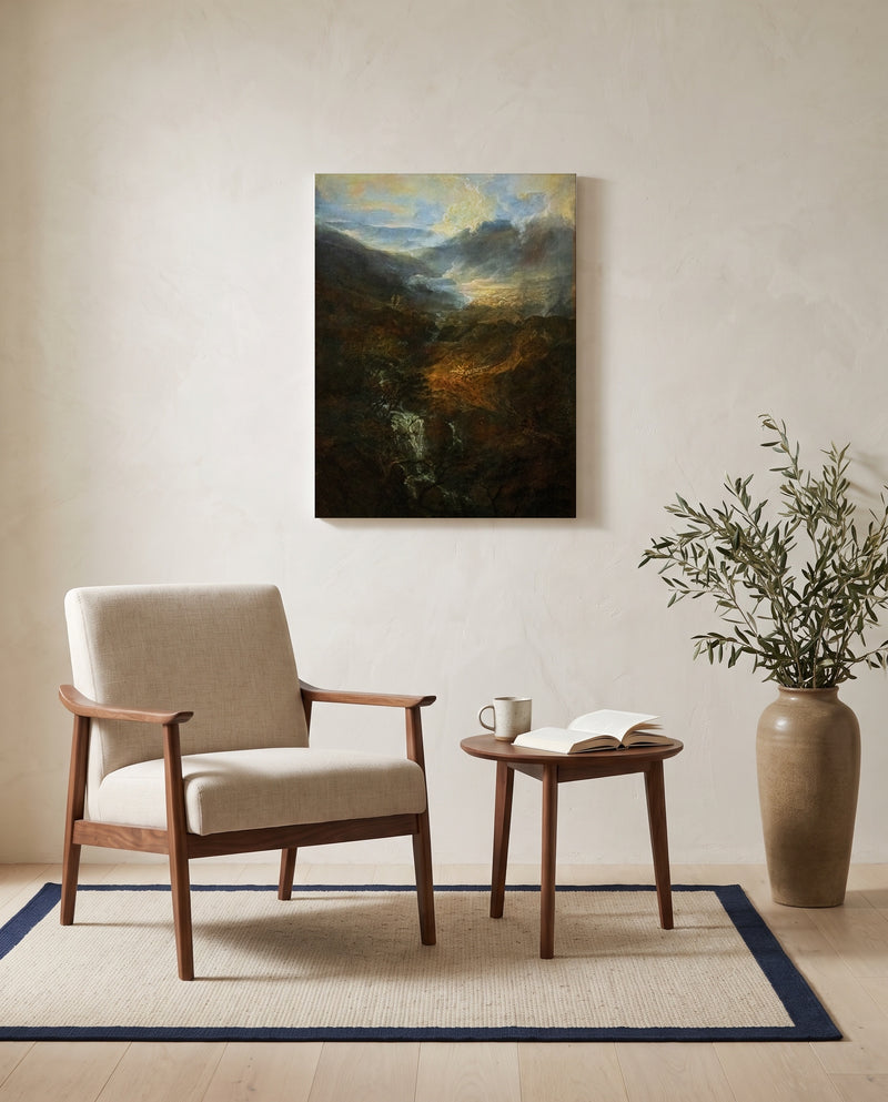 Morning, Coniston Fells by J. M. W. Turner as a stretched canvas above a linen lounge chair in a reading corner