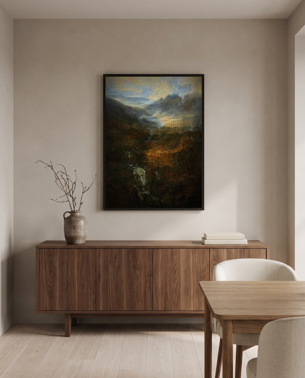 Morning, Coniston Fells by J. M. W. Turner in a black frame above a walnut sideboard in a dining room