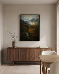 Morning, Coniston Fells by J. M. W. Turner in a black frame above a walnut sideboard in a dining room