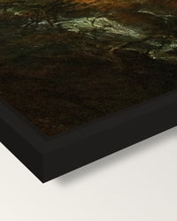 Morning, Coniston Fells by Turner framed canvas, corner close-up: a black floating frame with a shadow gap round the canvas