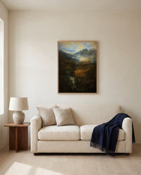 Morning, Coniston Fells by J. M. W. Turner framed in natural oak above a cream sofa in a warm living room