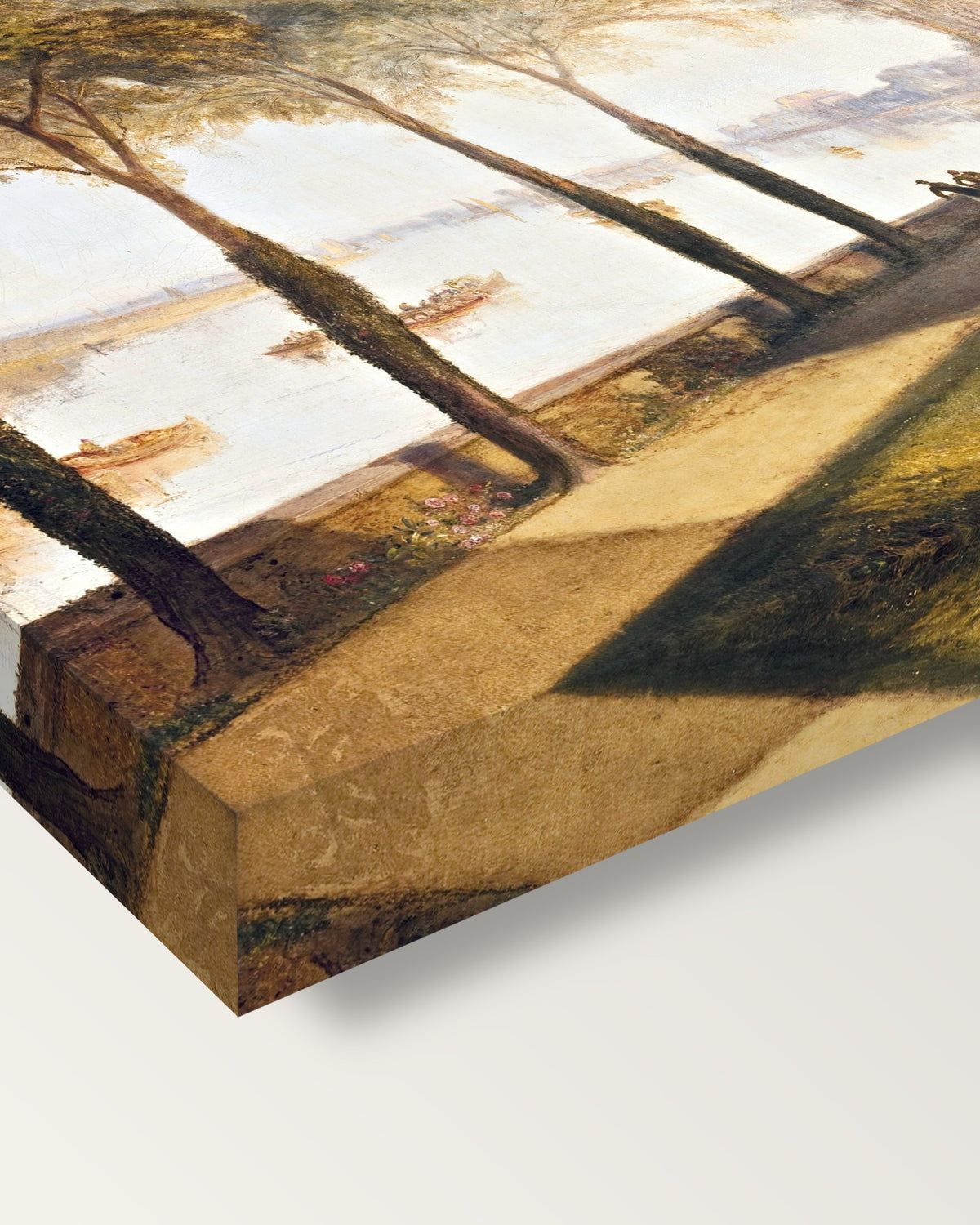 Mortlake Terrace by J. M. W. Turner on stretched canvas, corner close-up: the painting mirror-wrapped round the sides