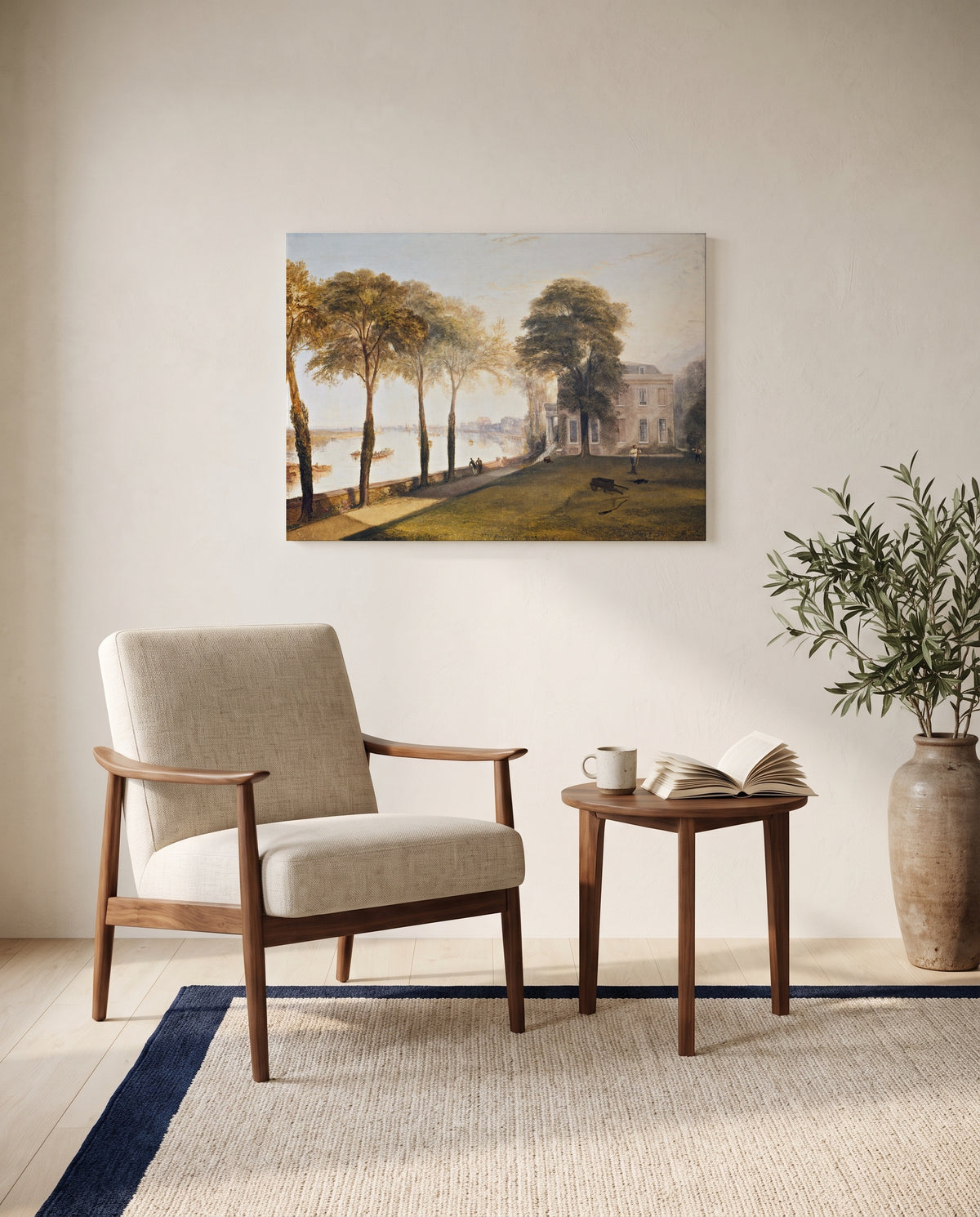 Mortlake Terrace by J. M. W. Turner as a stretched canvas above a linen lounge chair in a reading corner