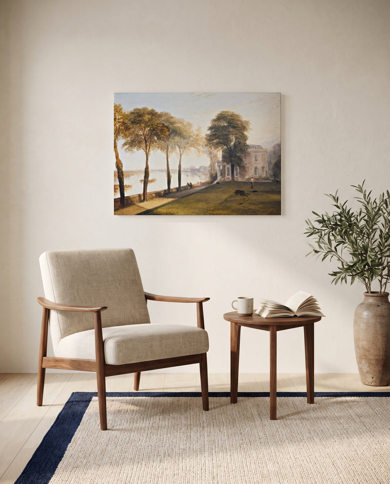 Mortlake Terrace by J. M. W. Turner as a stretched canvas above a linen lounge chair in a reading corner
