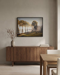 Mortlake Terrace by J. M. W. Turner in a black frame above a walnut sideboard in a dining room