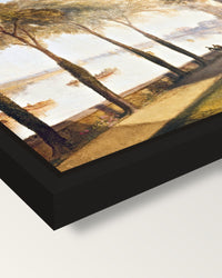 Mortlake Terrace by J. M. W. Turner framed canvas, corner close-up: a black floating frame with a shadow gap round the canvas