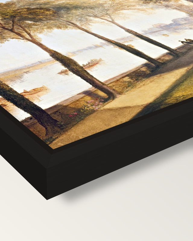 Mortlake Terrace by J. M. W. Turner framed canvas, corner close-up: a black floating frame with a shadow gap round the canvas