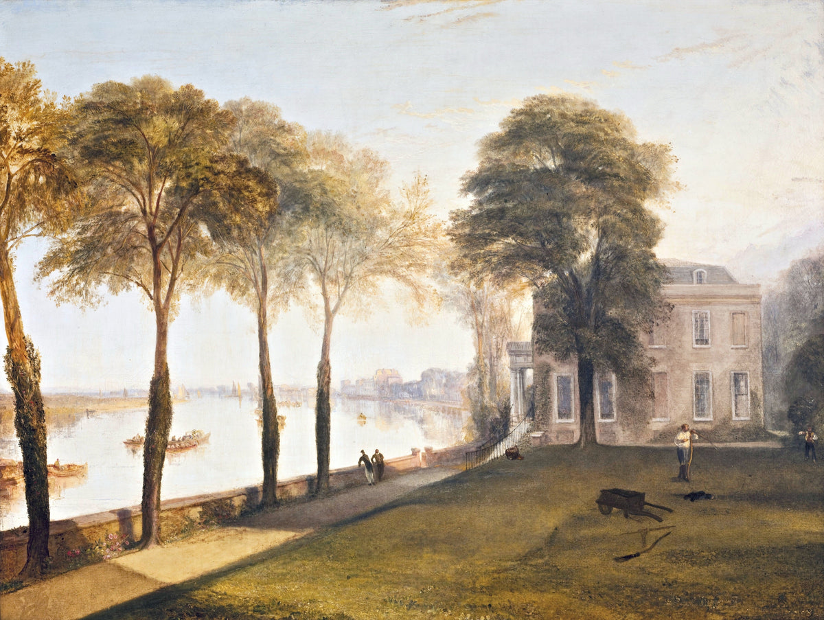 Mortlake Terrace by Turner: tall trees on a riverside lawn, a pale house and the Thames in soft yellow morning light