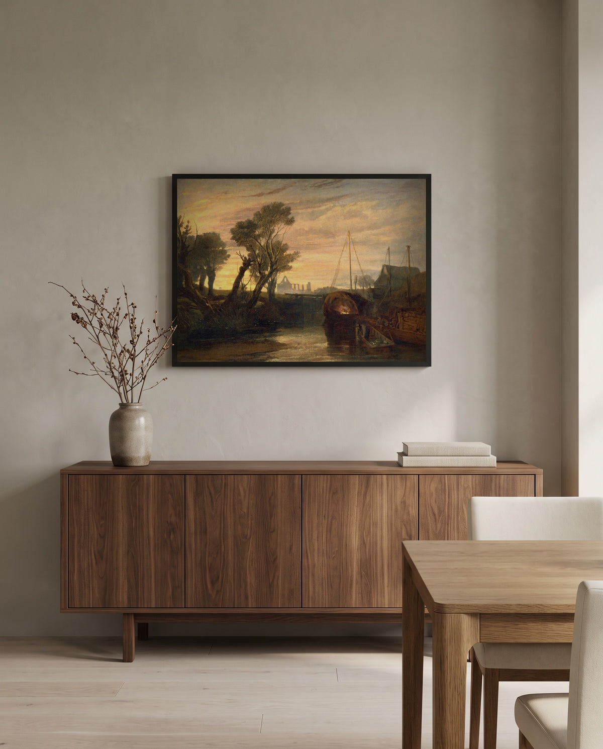 Newark Abbey by J. M. W. Turner in a black frame above a walnut sideboard in a dining room