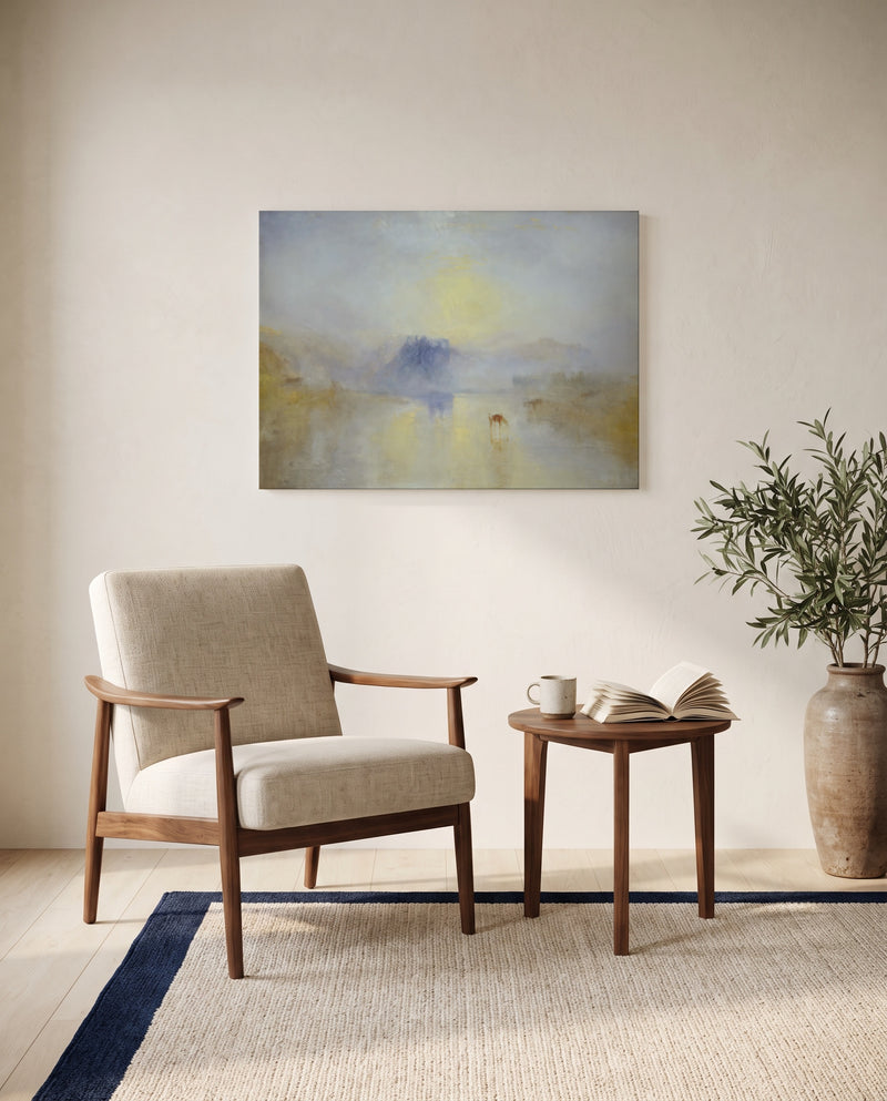 Norham Castle, Sunrise by J. M. W. Turner as a stretched canvas above a linen lounge chair in a reading corner
