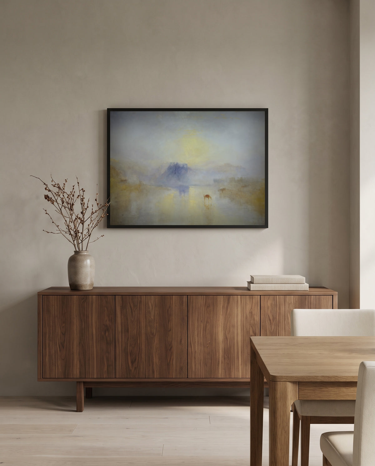 Norham Castle, Sunrise by J. M. W. Turner in a black frame above a walnut sideboard in a dining room