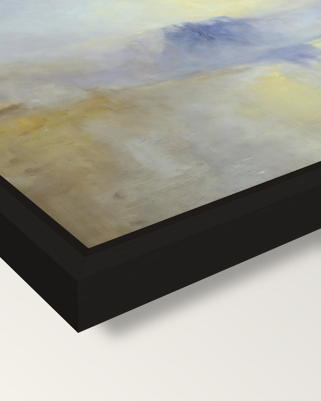 Norham Castle, Sunrise by Turner framed canvas, corner close-up: a black floating frame with a shadow gap round the canvas