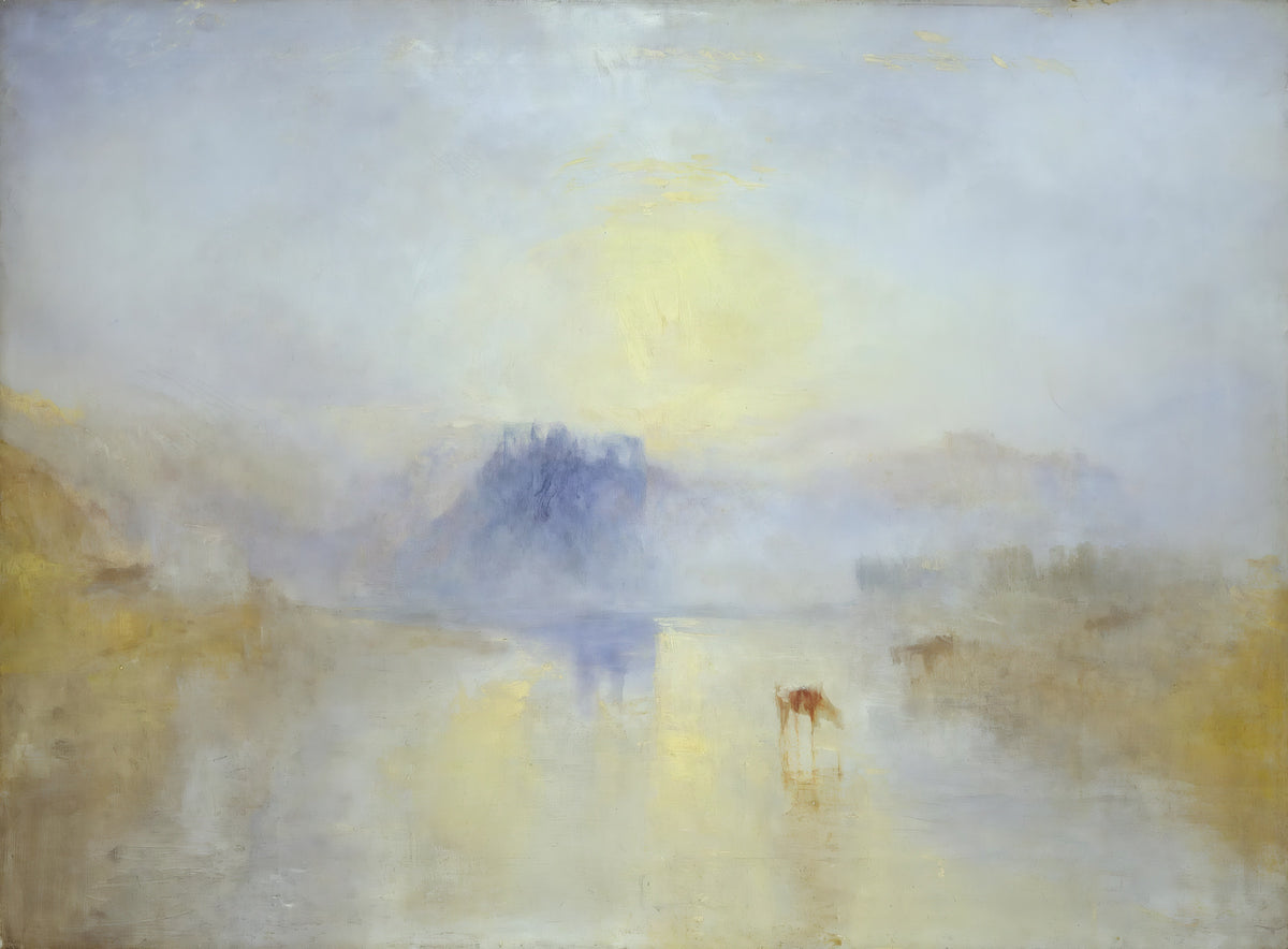 Norham Castle, Sunrise by J. M. W. Turner: a pale blue castle dissolving in golden mist above a river, a cow drinking
